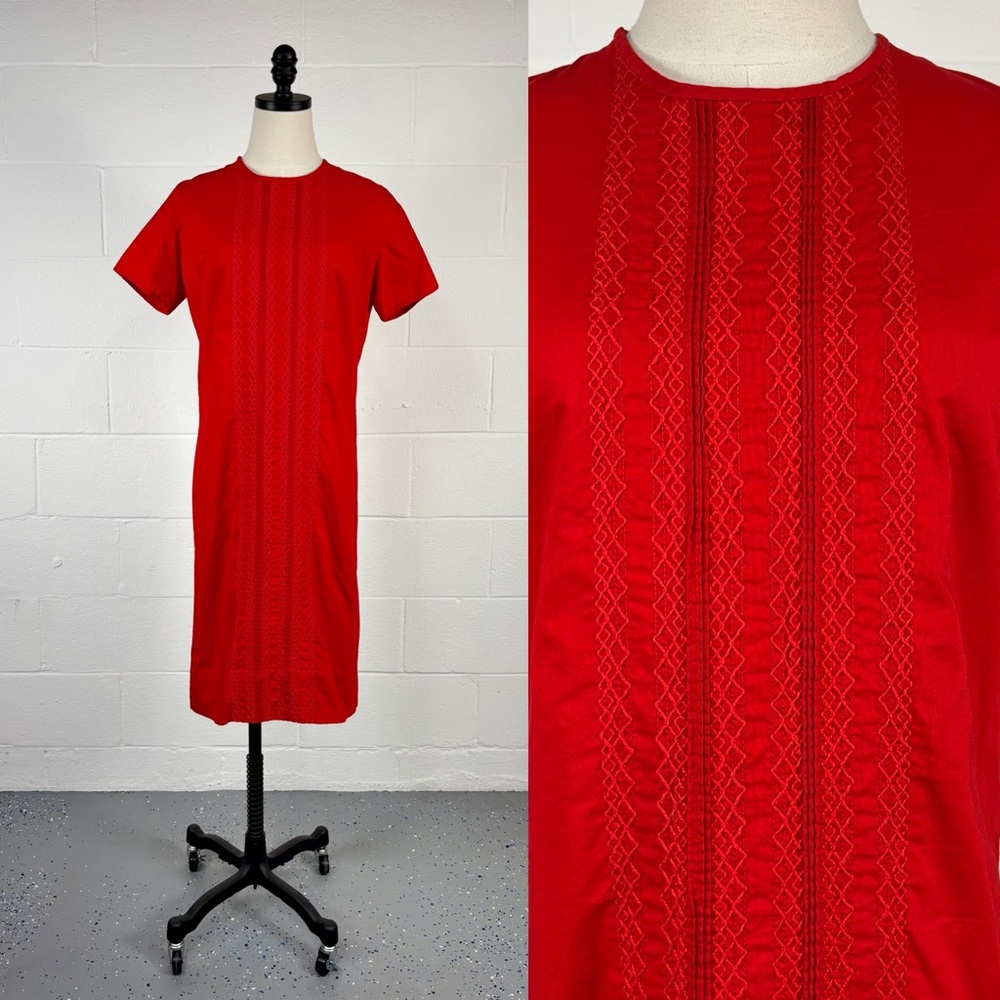 Vintage 60s Red Embroidered Guayabera Cabana Shift Dress Mod Cruise Resortwear 6